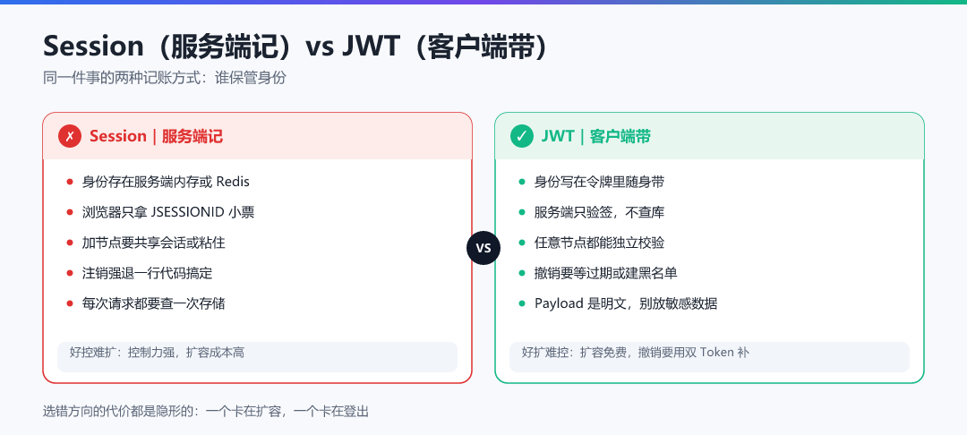 图 · Session（服务端记）vs JWT（客户端带）