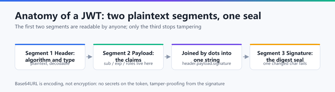 Figure · Anatomy of a JWT: two plaintext segments, one seal